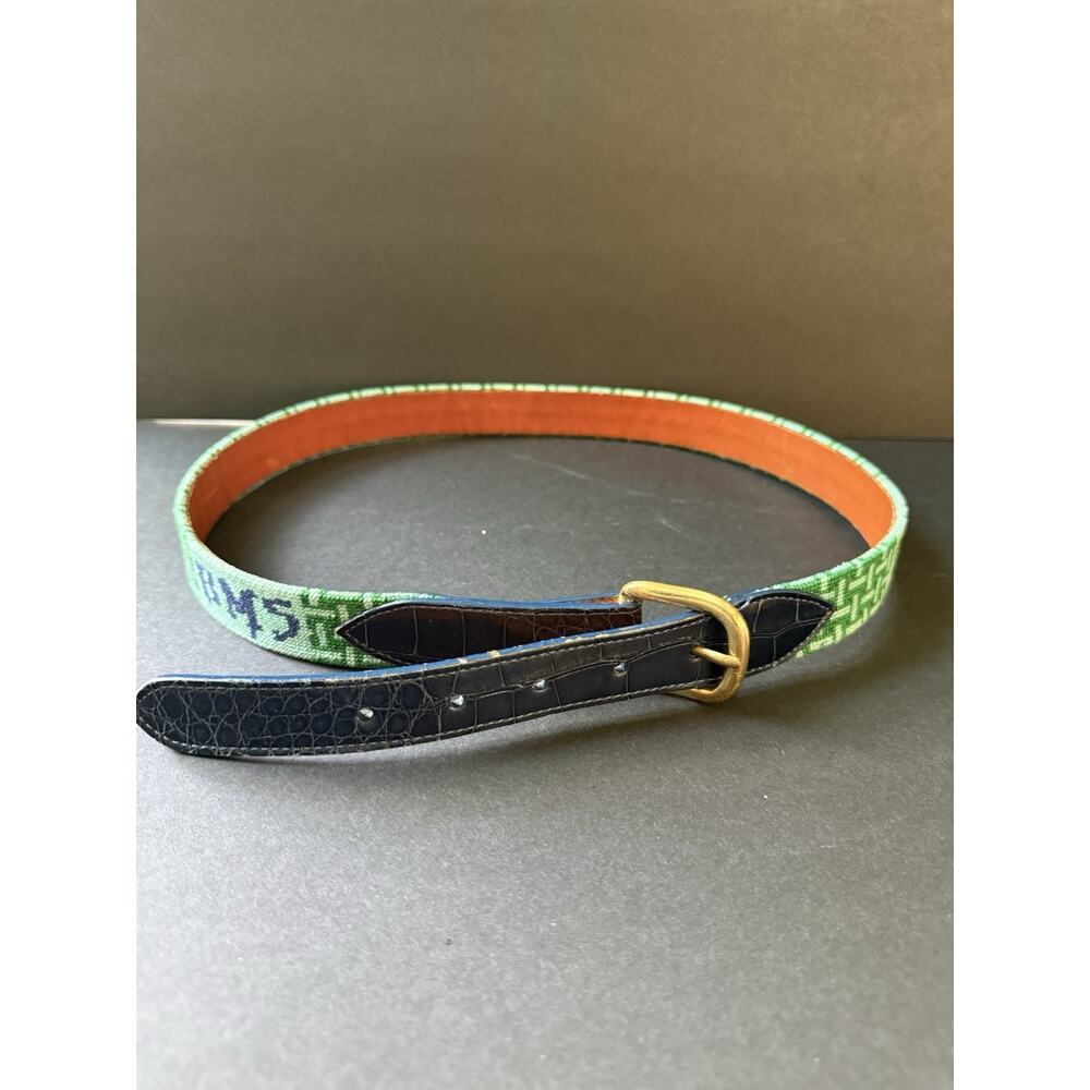 Vtg. Canvas Leather Belt Mens Size 42 Brass Buckle Faux Croc Blue Green Casual